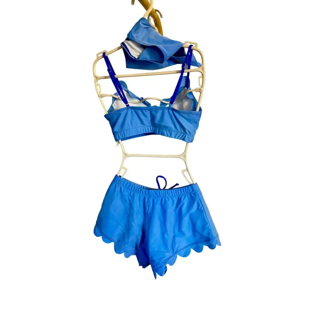 Shein Scalloped Royal Blue 3 piece bikini swimsuit shorts & top sz XS